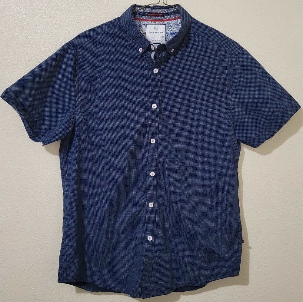 Denim & Flower Ricky Singh Navy Blue Patterned Button Down Shirt Slim Fit Medium